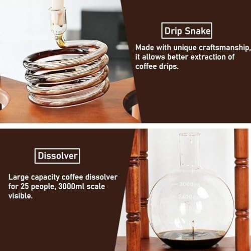 Cold Brew Drip Tower Coffee Maker with Adjustable Water Flow, Slow Drip Iced Coffee Brewer for Home Office, Glass Wood Design