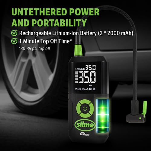 Image of Slime 40089 Cordless 3-in-1 Tire Inflator w /Power Bank & LED Light, Auto Shut-Off, Digital Display & 6 Presets, Flat to Full in 8 Mins, Car, Bike, Motorcycle & More