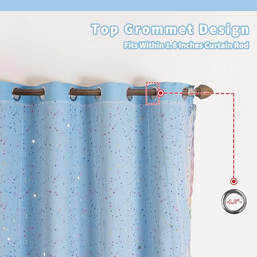 Image of 52x63 2-in-1 Double-Layer Kids & Girls Unicorn Princess Blackout Curtains with Foil Print Sheer, 2 Panels Set - Pure Blue