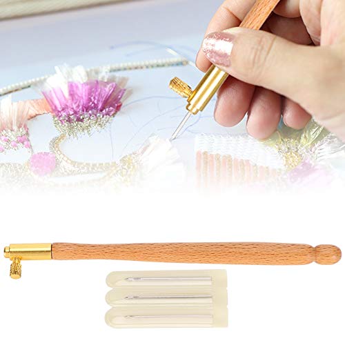 Embroidery Crochet Hooks with 3 Needles, Tambour Hook Embroidery Needle, French Crochet Embroidery Beading Tool Set, Embroidery Beading Needle Tools Sequin Beads(Wooden French Embroidery Needle)