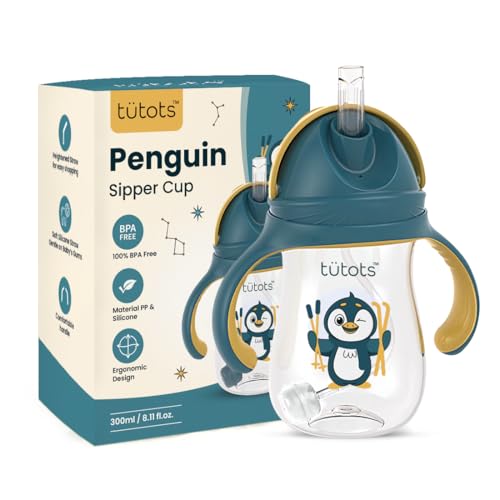 Image of tutots Premium Penguin Straw Sipper Bottle | Anti Spill Sippy Cup with Soft Silicone Straw BPA Free & Non-Toxic for Kids Above 1 Year -(240 ml Purple)