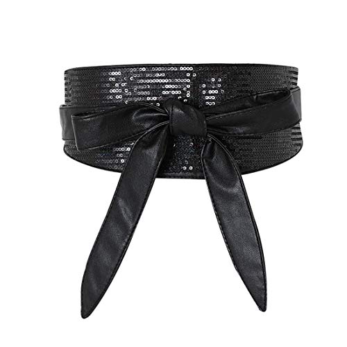 shengweiao Women's Sequin Faux Leather Self Tie Wrap Obi Waist Belt (Black)