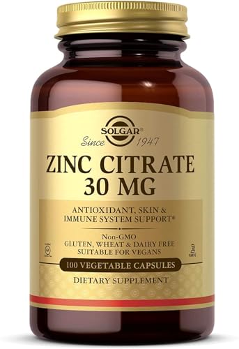 Solgar Zinc Citrate 30mg - Healthy Skin, Hair & Nails - Antioxidant - Healthy Brain Function - Vegan - 100 Vegetable Capsules
