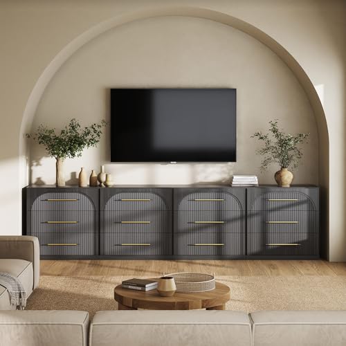 Image of BELLEZE Set of 4 Fluted Modular Sideboard Cabinet, Classic Modern Buffet Cabinet with 3 Drawers, 130'' Accent Credenza Cabinet for Living Room Kitchen Entryway (Ebony)