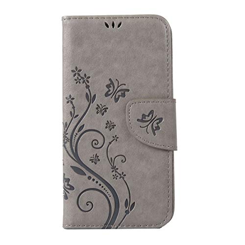 Sangrl Funda para BQ Aquaris X5, Libro Cuero de la Premium PU Leather Case [Card Holder] [Stand Function] Concha de Patrón de Flor de Mariposa - Gris