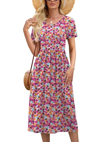 Image of Heymoments Women's Casual Short Sleeve Midi Dress Crewneck A Line Tiered Flowy Loose Travel Long Dresses with Pockets