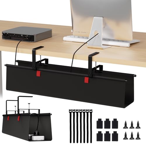 Plateau de gestion des câbles sous bureau 71,1 cm avec pinces de serrage en tissu noir.