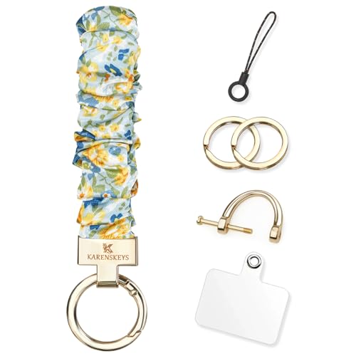 Image of Scrunchie Keychain Wristlet, Key Chain for Car Keys with D Ring, Stretchy Phone Charms with Tether Tab for Women.