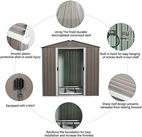 JT 6 x 5 FT Outdoor Storage Shed with Floor Frame, Metal Garden Shed with Sliding Doors, Waterproof Galvanized Steel Storage House for Backyard, Garden, Patio (Gray) - 4