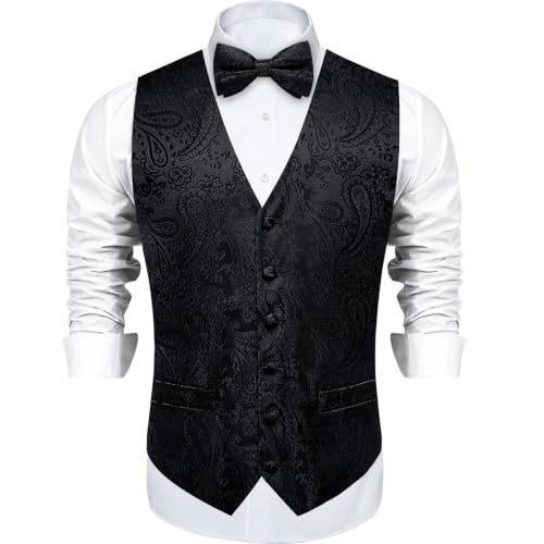 Image of DiBanGu Mens Paisley Suit Vest Bowtie Formal /Casual Dress Waistcoat | 5PCS,Vest for Men,Silk Blend,Anti-Wrinkle,Durable,Machine Wash,for Tuxedo,Wedding,Party,Prom,V-neck,2 Real Pockets