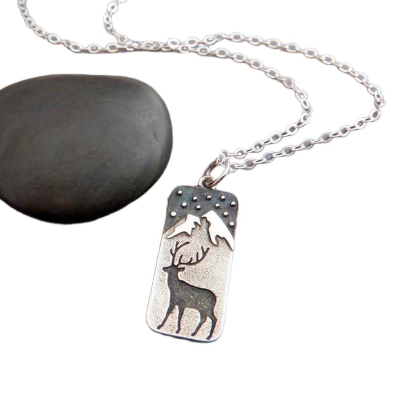 Collier argent 925 pendentif cerf montagne élément terre bijou nature
