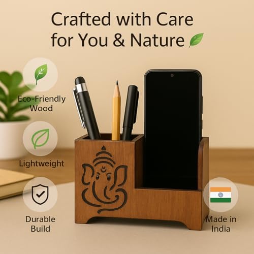 Image of DivineCraftedArt Handcrafted Wooden Pen Holder & Mobile Stand | Desk Organizer for Office, Home & Study Table | Pen Pencil Stand with Card Holder (6.75x3.75x2.5 Inch) (Blessing Ganesha)