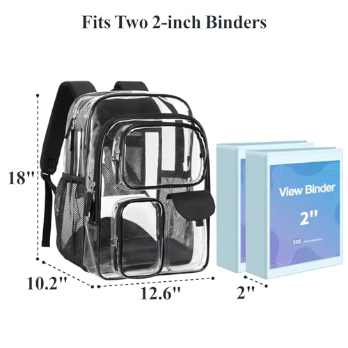 PACKISM Clear Backpack for School - 18 Inch Extra Large Heavy Duty Clear Bookbag for Boys, See Through PVC Transparent School Backpack with 3 Front Pockets for Students, Black (Age 12+)3