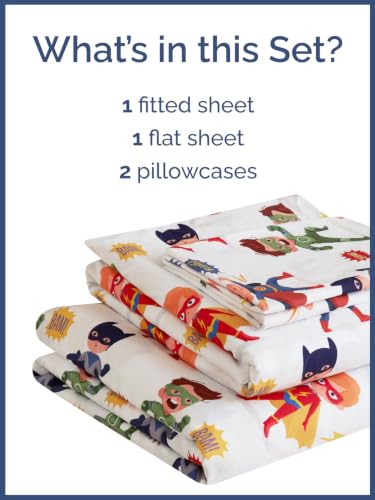 Image of Kids Full Size Superhero Bed Sheets - 4 Piece Kids Superhero Sheet Set - Comic Power Bedding - Ultra-Soft, Cute & Cozy - Breathable & Machine Washable - Brave Bed Set for Boys, Girls, Teens & Toddlers