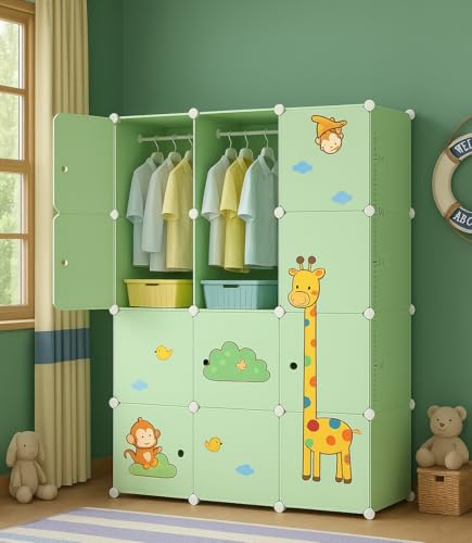 Image of LUHI Plastic Wardrobe for Kids Clothes - Durable, Easy to Use Anti-Skid & Non-Slip Effective Professional Collapsible Wardrobe, Plastic Cupboard for Kids, Foldable Almirah (L4 Green, 12 Door)