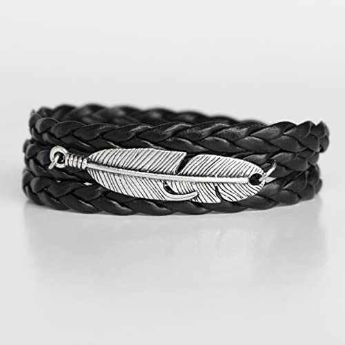 Men's Feather Bracelet, Wide Braided Black Vegan Faux Leather & Silver Plated Wrap Bracelet For Men, Handmade Boho Tribal Hippe Festival Jewelry For Guys By Magoo #TOP3