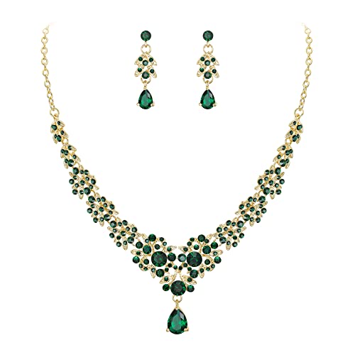 Clearine Juegos de Joyas de Mujer Conjuntos de Bisutería de Boda Racimo de Hojas de Diamantes de Imitación de Marquesa en Forma de Lágrima Conjunto de Collar Pendientes,Color Verde Oro-Tono
