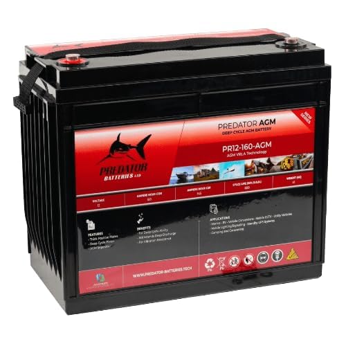 Predator Batteries 12V 160Ah AGM Leisure Battery – Deep Cycle VRLA, M8 Terminals, 340 × 173 × 287 mm