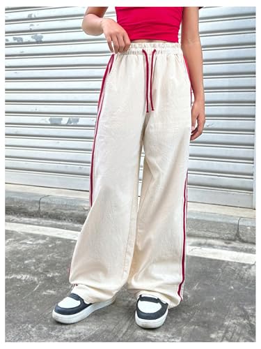 MakeMeChic Girl's Wide Leg Drawstring Track Pants Striped High Rise Athletic Sweatpants2