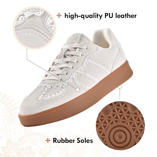 JACKSHIBO Women's Ribbon Lace-Up Fashion Sneakers Classic Retro Gum Sole Non Slip Tennis Walking Shoes Arch Support Orthopedic Low Top Lace Casual Skate Shoes with Memory Foam Natural Size 7.5