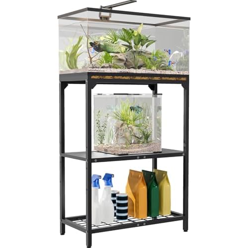 20 Gallon Aquarium Stand, Metal Fish Tank Stand with Adjustable 3-Tier Storage Shelf, Heavy Duty Reptile Breeder Turtle Tank Terrarium Rack Table for Home Office, 24″ L x 12″ W x 32.2″ H, Black