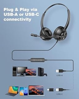 USB Headset with Microphone for PC, Computer Headset with Mic, Wired Headset with USB-A & Type-C, Mute, In-Line Controls Call Center Headphone for Work PC Laptop Office Phone Meeting Zoom Skype