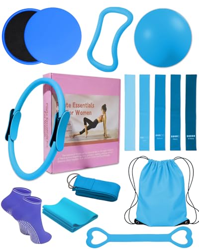 15 Pcs Pilates Kit for Women, [Gift for Women] Spopal Better Me Pilates Kit with Yoga Ball, Ring, Resistance Bands, Stretching Strap, Sliding Disks, Pilates Essential Equipment for Home (Blue)