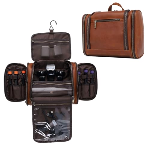 EURYNOME Leather Toiletry Bag For Men,Full Grain Leather Toiletries Organizer,Travel Hanging Toiletry Bag Large Water-resistant Bathroom Shaving Kit for Cosmetics, Makeup Case Travel Dopp Kit