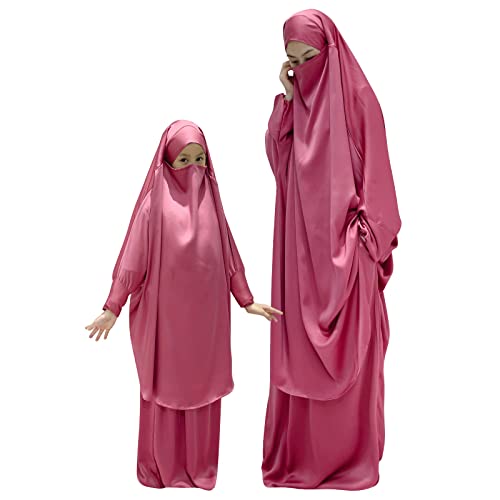 Olemek Kids Girls Muslim Dress Abaya Long Sleeve Dubai Islamic Kaftan Maxi Prayer Dress With Hijab Mom And Daughter Dress Solid Long Khimar Skirt Jilbab Modest Full Cover Ramadan Dress Hot Pink 7-10 Years cover