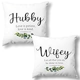 MNASAIOO Couple Wifey And Hubby Valentines Christian Decorative Throw Pillow Covers Set of 2, Let All That You Do Be Done in Love Gifts for Wedding Bride, Rustic Pillow Decor for Couch Bedroom 18x18in