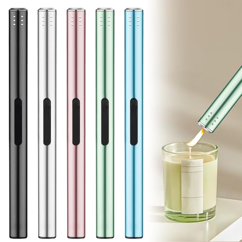 5 accendini a stelo con fiamma morbida, Metaaccendino, 5 colori, 20 cm, accendino elettrico a gas, ricaricabile, per cucina, campeggio, barbecue (senza gas)