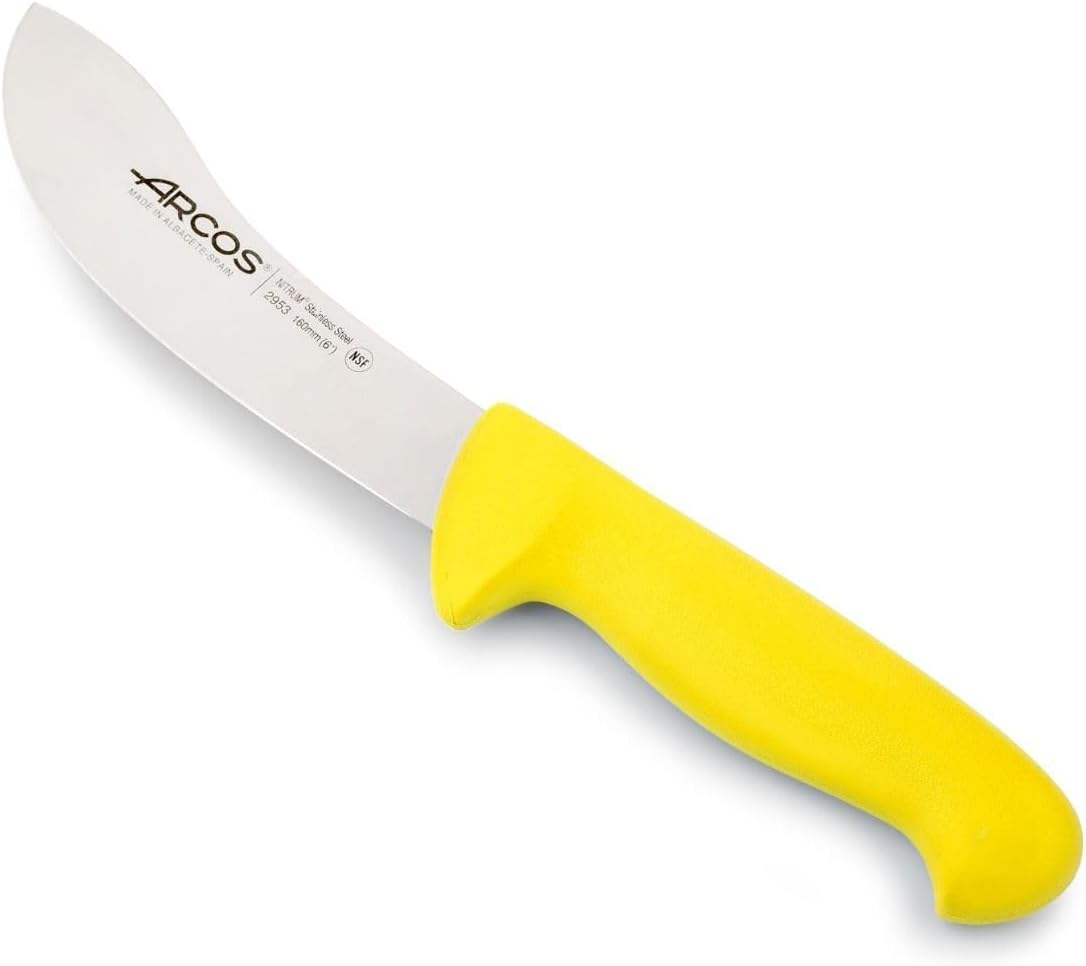 Arcos Skinning Knife 6 Inch Nitrum Stainless Steel and 160 mm blade. Ergonomic Polypropylene Handle. Series 2900. Features different handle colors to make it easier for each food group. Color Yellow.