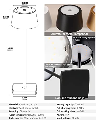 Lwrt Cordless Led Table Lamps Rechargeable, 5200Mah Battery Powered Table Light, Outdoor Desk Lamp Waterproof, Metal Aluminum, Touch Dimmable, For Tabletop/Interior/Home Patio/Bar/Restaurant - Black #TOP5
