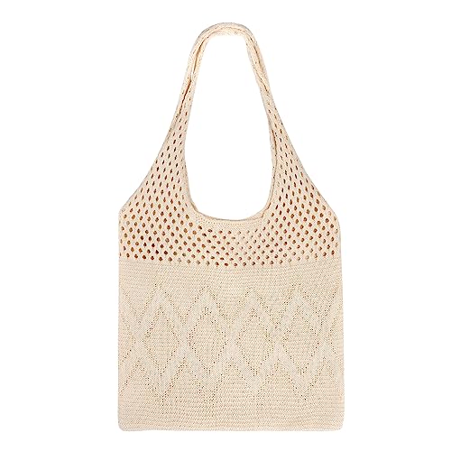 SUOSDEY Bolsa de malla de ganchillo, bolsa de hombro bohemia de punto estético para vacaciones de verano para mujer, A.beige, Talla única