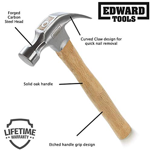 Edward Tools Oak Claw Hammer 16 Oz - Heavy Duty All Purpose Hammer - Forged Carbon Steel Head - Etched Solid Oak Handle For More Durability And Grip (1) #TOP1