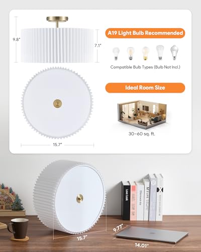 Image of VONLUCE Semi-Flush Mount Ceiling Light 15.7 inch, 3-Light Drum Light Fixture | White Pleated Shade with E26 Sockets, Light Fixture for Nursery, Bedroom, Entryway, Hallway, Bronze Finish, ETL Certified