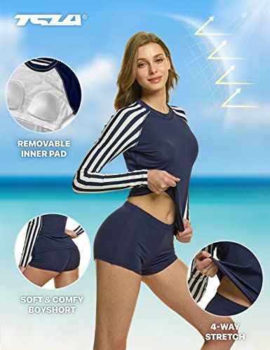Tsla Women's Two-Piece Long Sleeve Swimsuit, Upf 50+ Sun Protection Rash Guard Wetsuit, Bathing Suit With Boyshort Bottom, Two Piece Print Bridgette Stripe Navy, Large #TOP3