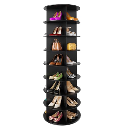 SpaceAid 8 Tier Rotating Shoe Rack Tower, Spinning Shoe Display Lazy Susan, Revolving 360 Shoe Rack Storage Round Carousel, Vertical Handbag Rotate Shoes Closet Organization (8-Tier Black)
