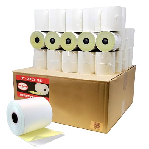 BuyRegisterRolls 2 Ply Carbonless Rolls (50 Rolls) 3 X 95 Feet Carbonless White/Canary Kitchen Printer Paper Rolls With Solid Tube Core
