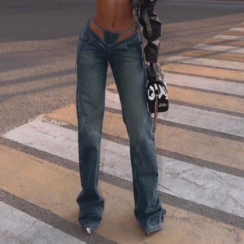 Y2k High Waisted V Strap Design Tie Side Loose Straight Leg Jeans for Women Y2k Denim Pants2