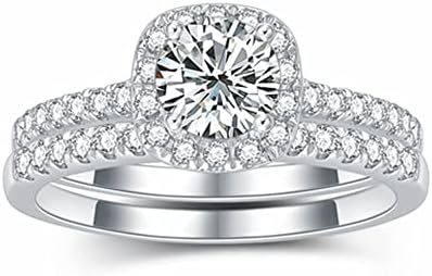 Halo Wedding Ring Set for Women Bridal Sets Wedding Rings Platinum Plated Silver, 1-1/2 Carat (ctw) Moissanite Engagement Ring Set White Gold Anniversary Promise Rings(size 9)