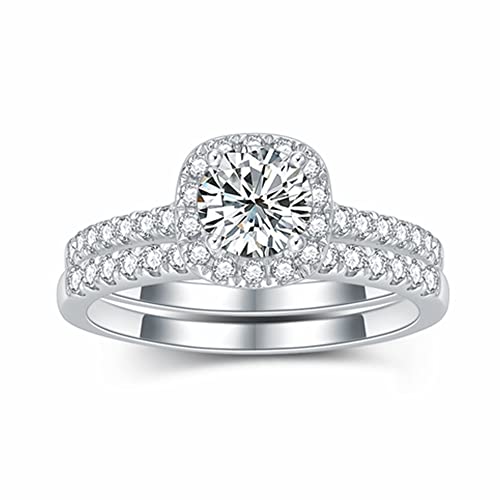 Halo Wedding Ring Set For Women Bridal Sets Wedding Rings Platinum Plated Silver, 1-1/2 Carat (Ctw) Moissanite Engagement Ring Set White Gold Anniversary Promise Rings(Size 9) #TOP10