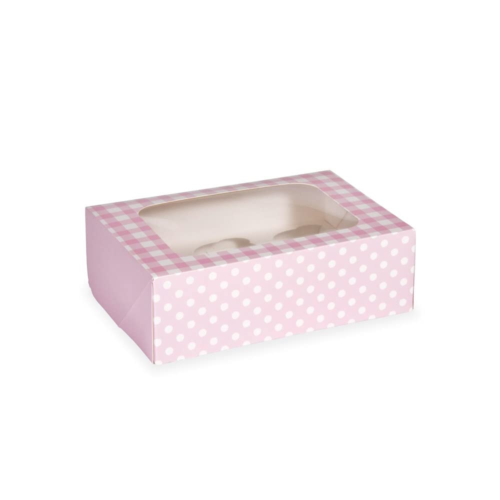 ‎Anniversary House 12 pk Pink Cupcake Box with Window and Removable 6 Hole Insert, Gingham and Polka Dot Print, Easy Assembly, 7.5 x 16 x 23 CM, J157AMZ