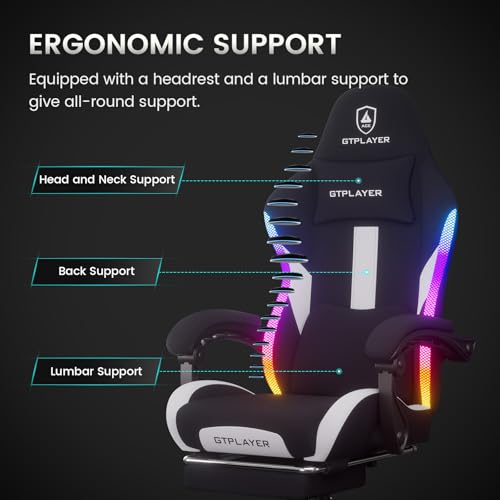Image of GTPLAYER RGB Gaming Chair with Footrest, LED Lights, Ergonomic Computer Chair with Linkage Armrest, Breathable Fabric for Home Office Desk - Video Game Chairs for Adults, Warm Red