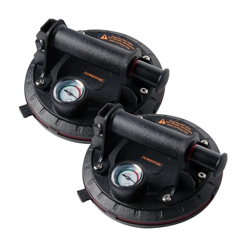 POWERTEC 8 Inch Heavy Duty Vacuum Suction Cups with Pressure Gauge & 286 lbs Load Capacity 2PK, Handheld Vacuum Suction Cup Lifter to Lift Large Tiles, Granite, Marbles & Windshield Removal (71883-P2)
