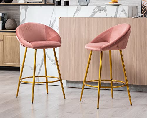 Cimota Pink Velvet Bar Stools Set Of 2, Modern Tufted Barstools 26 Inch Counter Stools Chairs With Back/Footrest Kitchen Stools For Island/Home Bar/Dining Room/Kitchen, Pink #TOP8
