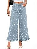 CHARTOU Ruffle Hem Bell Bottom Jeans for Women Polka Dot Ankle Baggy Jeans Crop Denim Wide Leg Pants (Large,Blue)