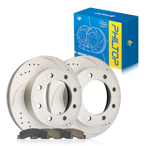 PHILTOP Front Brakes and Rotors for Ford F-250 Super Duty 1999-2004, F-350 Super Duty 1999-2004, Excursion 2000-2005, Drilled and Slotted Vented Rotors and Brake Pads Kit (13.02inch, 330.7MM)