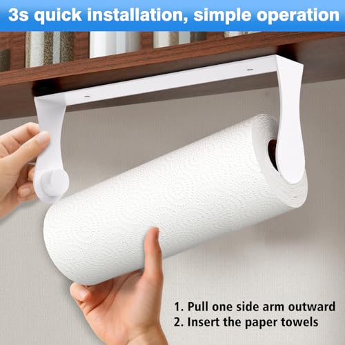 Image of Paper Towel Holder Under Cabinet, Adhesive or Screw Mount, Fits Standard & Mega Rolls, Wall Mount Rack for Kitchen, Bathroom, RV, White