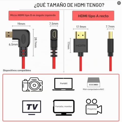 Miniatura 5 de Hangton Micro Hdmi A Hdmi 8k 4k 60p Cable En Espiral Rojo Trenzado De 30 Cm Para Canon R5c R8 R10 Sony A7c A7riv X-T50 Sigma Fp Cámara Atomos Ninja V Ultra Feelword Monitor Tipo A D Hdmi 2.1